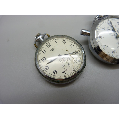 779 - A Smiths stop watch, the back marked NCB 25 and a Maono pocket watch