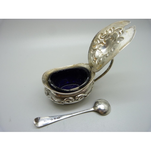 789 - A silver mustard, Birmingham 1905 and a George III silver salt spoon, London 1801, 56g