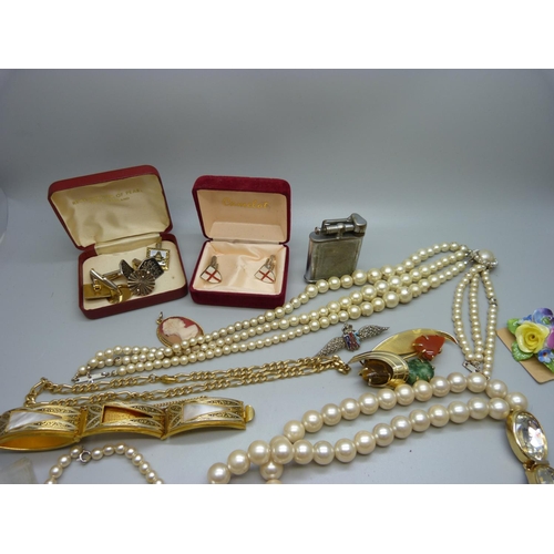 820 - A RAF marcasite set sweetheart brooch, faux pearl necklaces and other costume jewellery