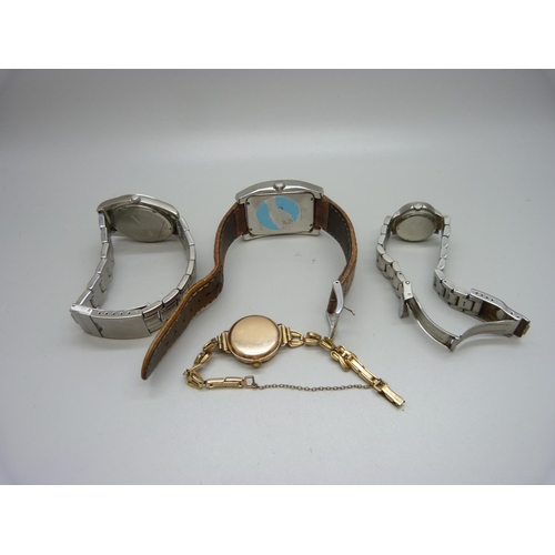 822 - A Guess designer wristwatch, Ben Sherman and Fishbone wristwatch and a lady's rolled gold wristwatch... 