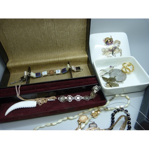 838 - Two cases of costume jewellery including silver and a ceramic box