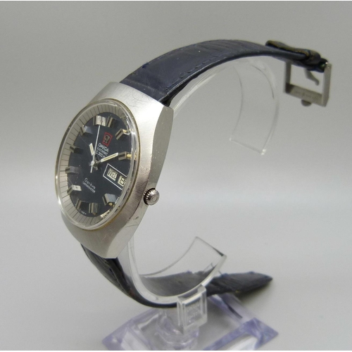 845 - An Omega Electronic f300Hz chronometer wristwatch, with Omega strap, the case back bears inscription... 