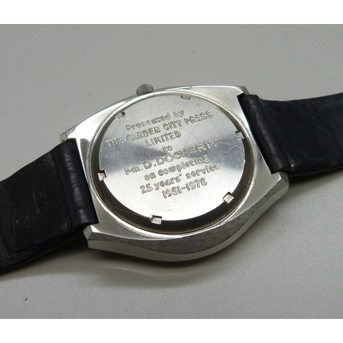 845 - An Omega Electronic f300Hz chronometer wristwatch, with Omega strap, the case back bears inscription... 