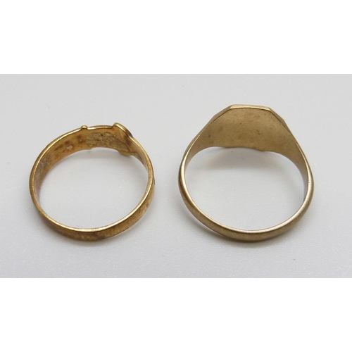 850 - Two 9ct gold rings, 4.6g, N/O