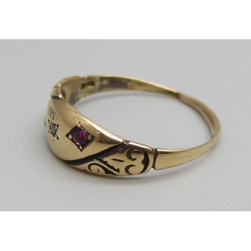 860 - A vintage 9ct gold, ruby and diamond ring, 2g, N