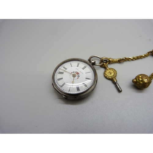 869 - An 800 silver fob watch, (glass loose), with plated Albertina