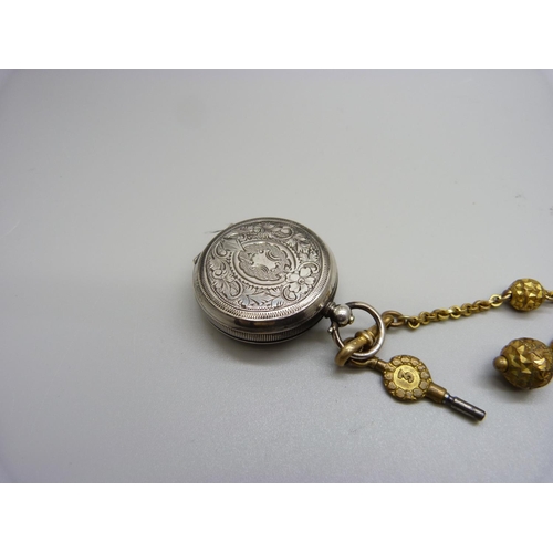 869 - An 800 silver fob watch, (glass loose), with plated Albertina