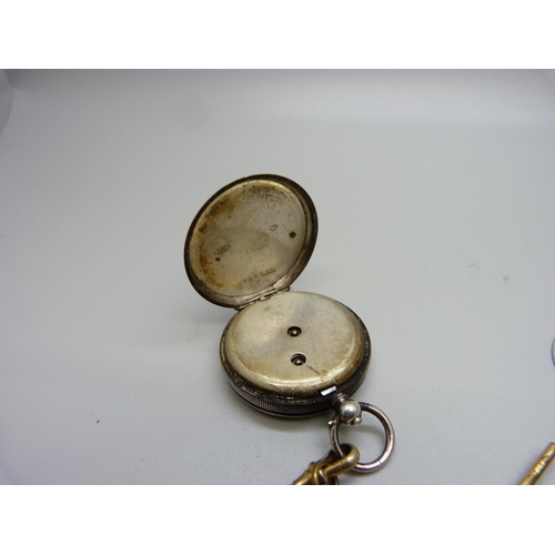 869 - An 800 silver fob watch, (glass loose), with plated Albertina