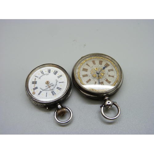 877 - Two fob watches, one 935 silver with loose minute hand