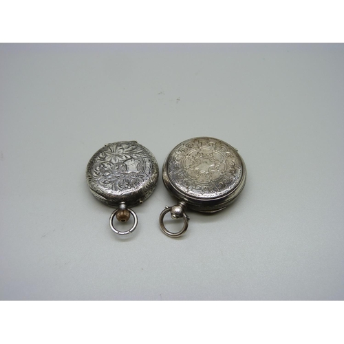 877 - Two fob watches, one 935 silver with loose minute hand