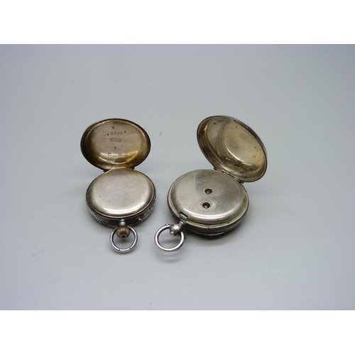 877 - Two fob watches, one 935 silver with loose minute hand