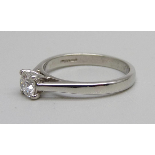 907 - A platinum set lab grown diamond solitaire ring, 0.5ct diamond weight, 4.6g, O, with certificate