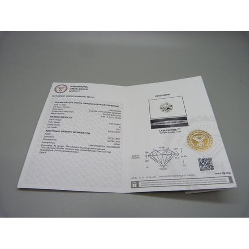 907 - A platinum set lab grown diamond solitaire ring, 0.5ct diamond weight, 4.6g, O, with certificate