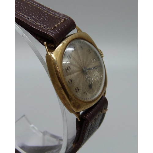 936 - A 9ct gold wristwatch, Chester 1931, case back 2.1g, 26mm case, a/f, dented