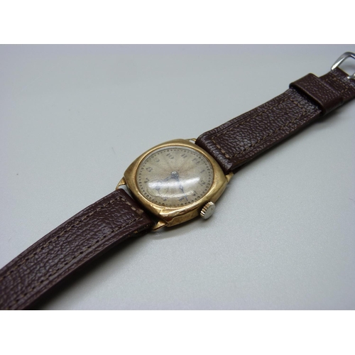 936 - A 9ct gold wristwatch, Chester 1931, case back 2.1g, 26mm case, a/f, dented