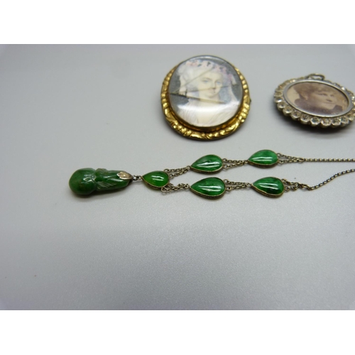 939 - A jade set necklace, a picture pendant and a brooch lacking pin, a/f