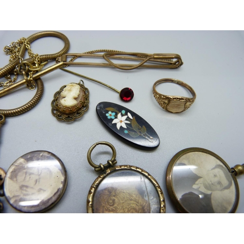 990 - A collection of vintage jewellery including a pietra-dura plaque and a cross pendant