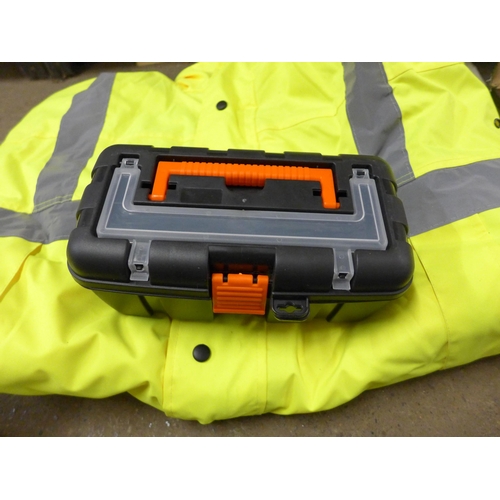 2168 - Hi-Vis jackets and Dickies boxed safety boots size 11.5 and small plastic tool box, unused