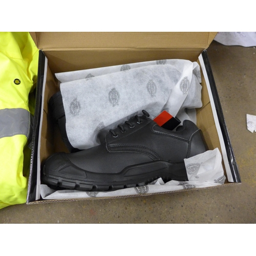 2168 - Hi-Vis jackets and Dickies boxed safety boots size 11.5 and small plastic tool box, unused