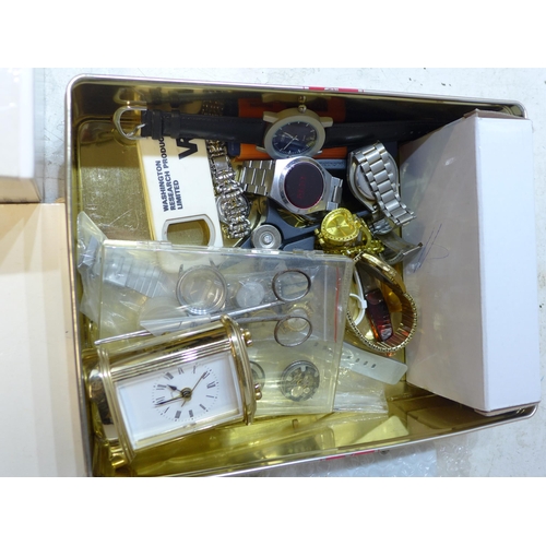 2245 - Box of watch and clock making/repair items includes several analogue and digital watches