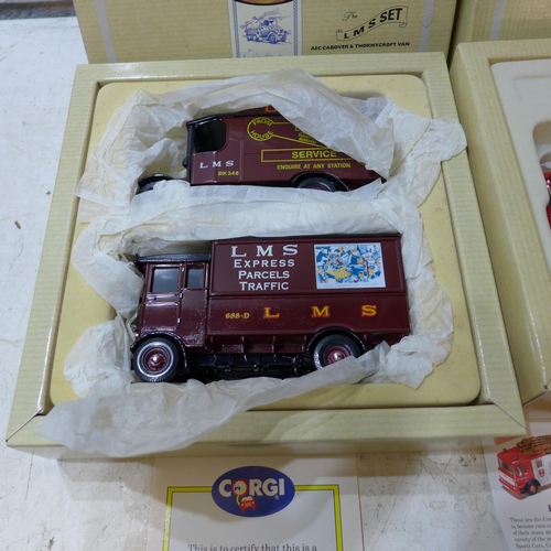 2255 - 2 Corgi boxed die cast toy LMS sets: AEC Cabover and Thorneycroft van and AEC Pump Fire Engine