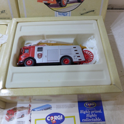 2255 - 2 Corgi boxed die cast toy LMS sets: AEC Cabover and Thorneycroft van and AEC Pump Fire Engine