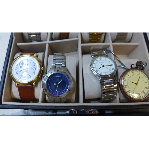 2272 - Ten assorted watches including Mickey Mouse and pocket watches with chains