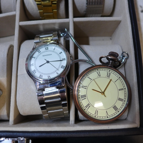 2272 - Ten assorted watches including Mickey Mouse and pocket watches with chains