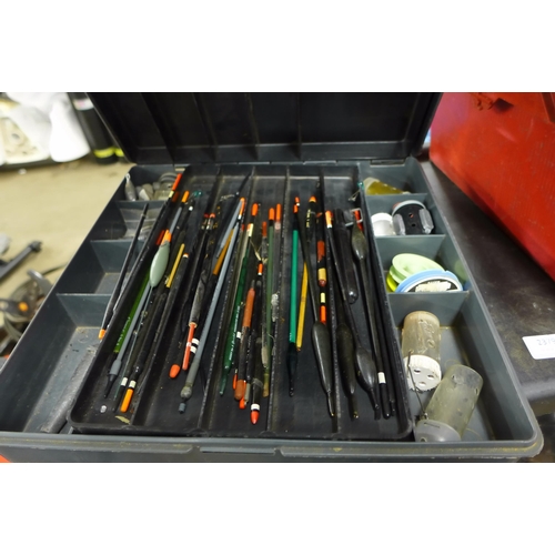 2379 - Job lot of fishing equipment: Leeda fishing box, Shakespeare float box and approx. 50 floats, rods, ... 