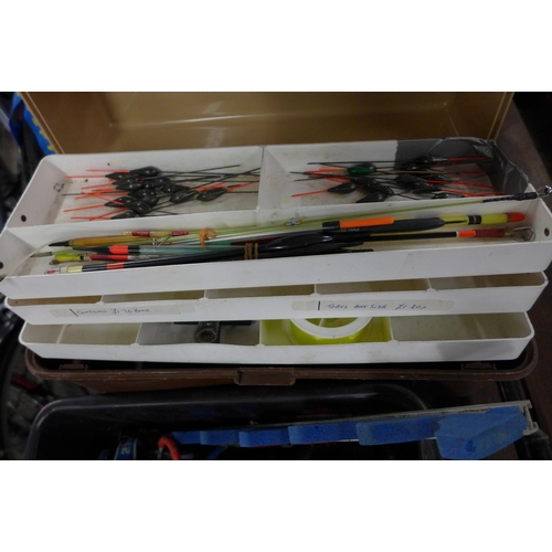 2379 - Job lot of fishing equipment: Leeda fishing box, Shakespeare float box and approx. 50 floats, rods, ... 