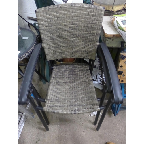 2440 - Round approx. 60cm diameter patio table and two rattan garden chairs