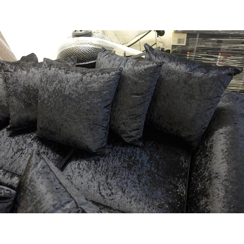 1553 - A black velvet three seater sofa and two seater sofa