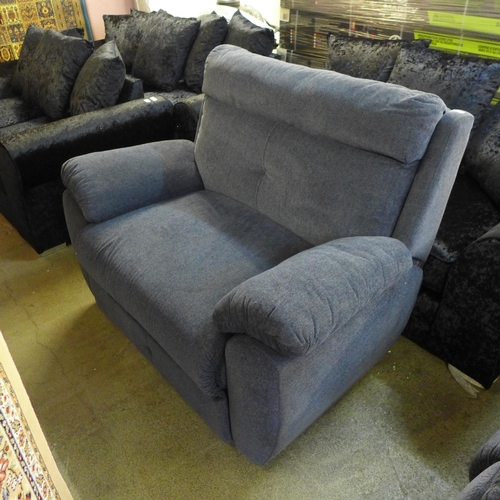 1555 - A blue upholstered reclining two seater sofa and reclining love seat