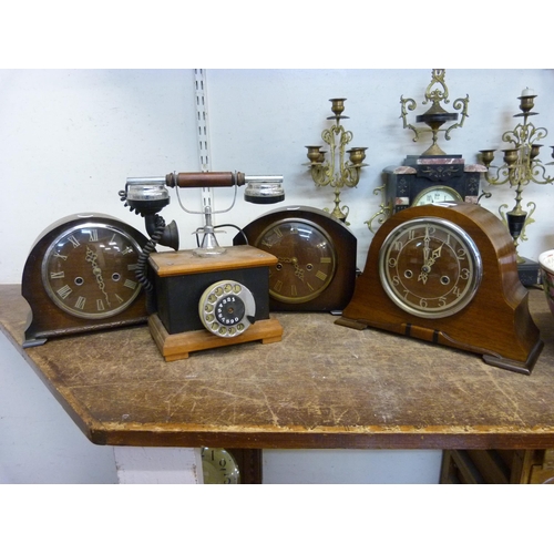 335 - Three assorted Art Deco mantel clocks and a telephone