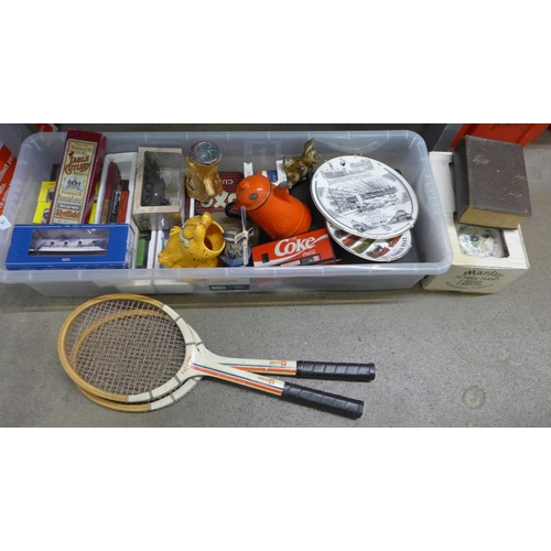 1146 - Assorted items, model vehicles, tennis racquets, a Mayfair 18 piece tea set, etc.**PLEASE NOTE THIS ... 