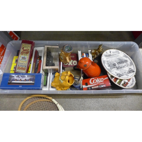 1146 - Assorted items, model vehicles, tennis racquets, a Mayfair 18 piece tea set, etc.**PLEASE NOTE THIS ... 