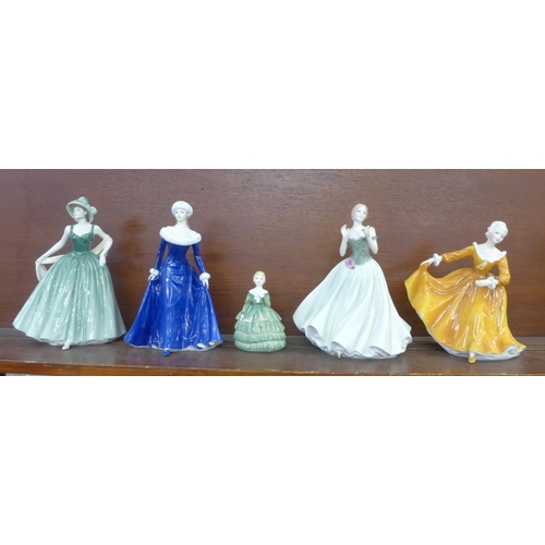 604 - Four Royal Doulton figures including limited edition Winter Walk and a Royal Worcester figure, Keeps... 