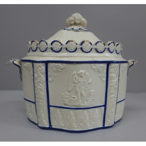 619 - A Castleford stoneware covered sugar basin decorated in relief of neo-classical figures, leaf moulde... 