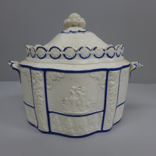 619 - A Castleford stoneware covered sugar basin decorated in relief of neo-classical figures, leaf moulde... 