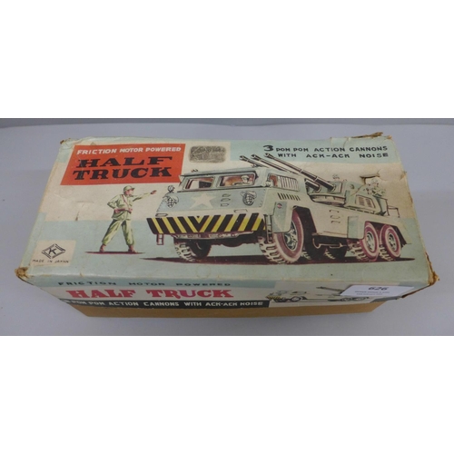 626 - A Japanese tin plate friction powered Half Truck, boxed, box a/f