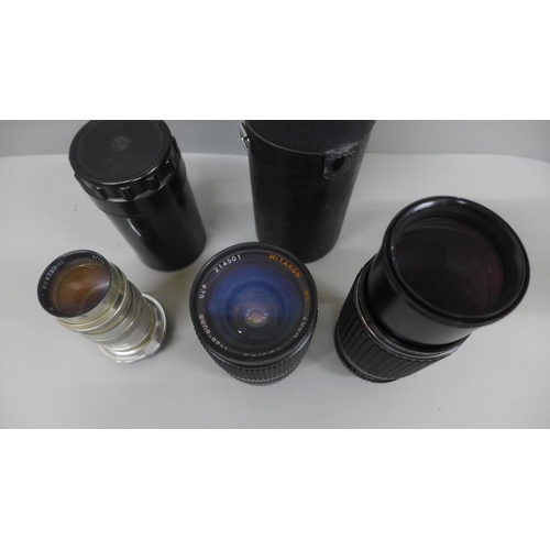 628 - Three camera lenses, Pentax-M zoom 1:4.5 80mm-200mm, Mitakon MC zoom 1:3.5/4.5 28-80mm and Russian 4... 