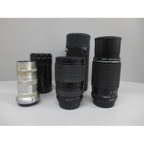 628 - Three camera lenses, Pentax-M zoom 1:4.5 80mm-200mm, Mitakon MC zoom 1:3.5/4.5 28-80mm and Russian 4... 