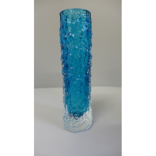 656 - Three items of art glass; Whitefriars finger vase in kingfisher blue, 14cm, studio white cased vase ... 