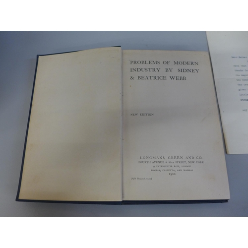 657 - Hardback books by Sidney and Beatrice Webb with signed letter; The Prevention of Destitution (Longma... 