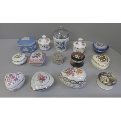 681 - A collection of thirteen trinket boxes and an egg coddler