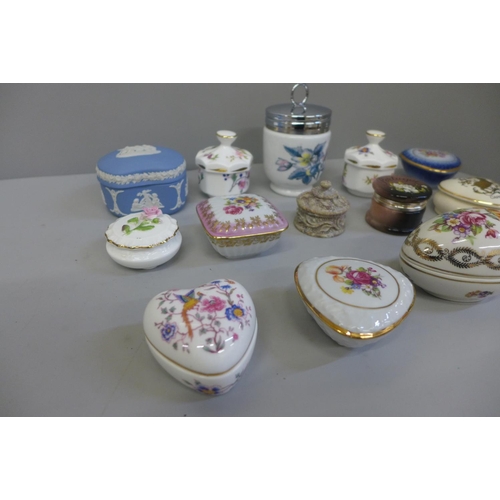 681 - A collection of thirteen trinket boxes and an egg coddler