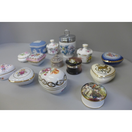 681 - A collection of thirteen trinket boxes and an egg coddler