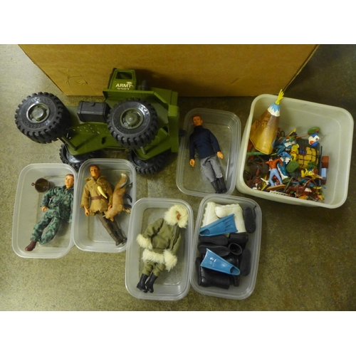 726 - Action Man and other accessories, plastic figures etc., and military Meccano