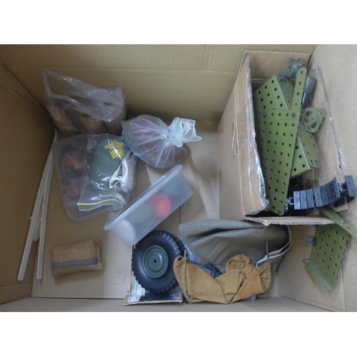 726 - Action Man and other accessories, plastic figures etc., and military Meccano