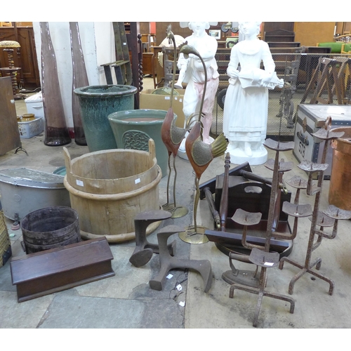 281 - A vintage bamboo rice bucket, a pair of cast iron candle stands, cobblers lasts, etc.